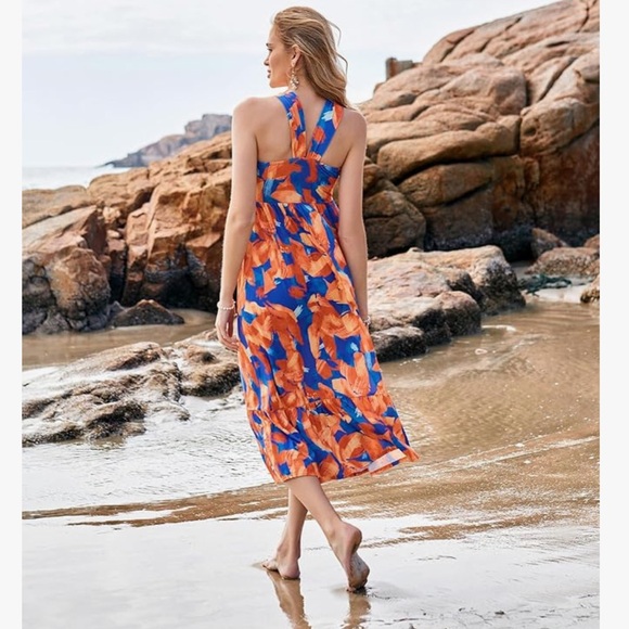 GRACE KARIN Criss Cross Halter Neck Summer Floral Print Flowy Maxi Dress - Picture 4 of 9